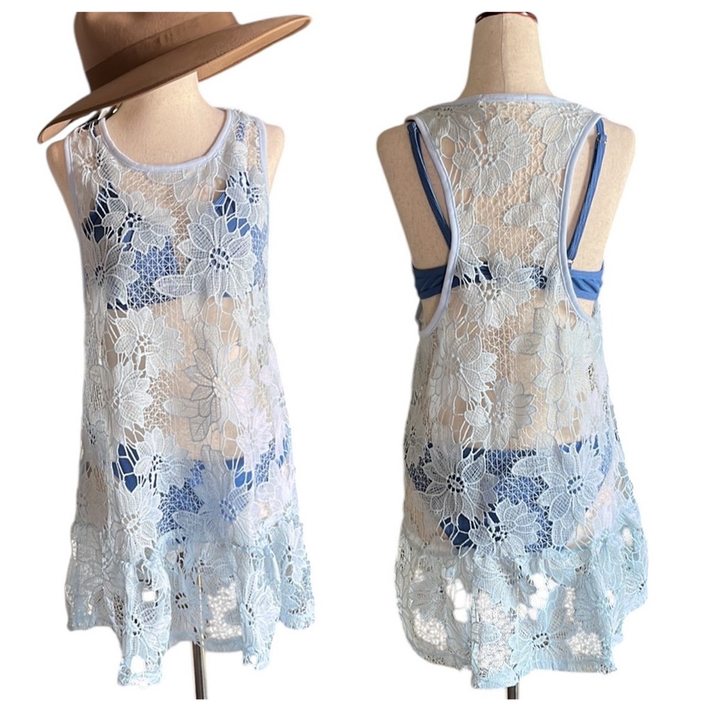 Miken Swim Light Blue Crocheted Lace Swim Coverup